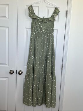 Pinkblush Olive Green Polka Dot Ruffle Maxi Dress